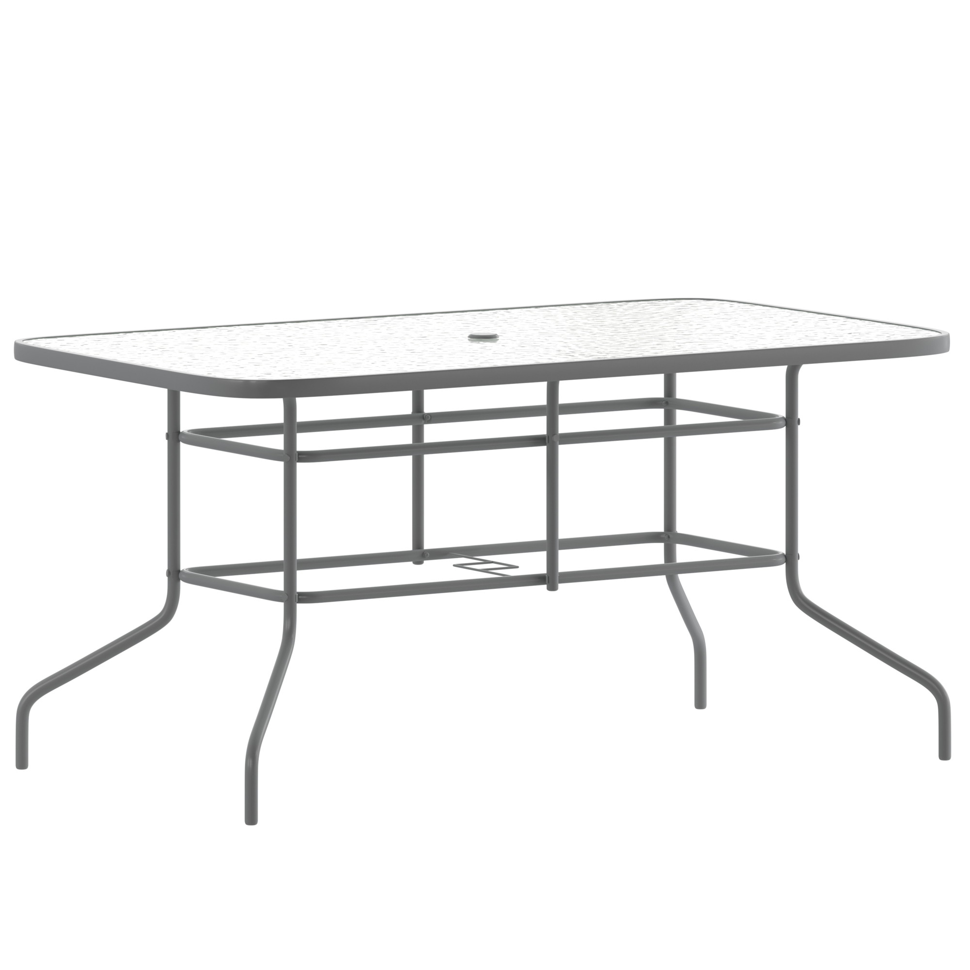 Flash Furniture, Silver 55x31.5 Glass Patio Table - Umbrella Hole, Table Shape Rectangle, Primary Color Gray, Height 27.5 in, Model# TLH089SV